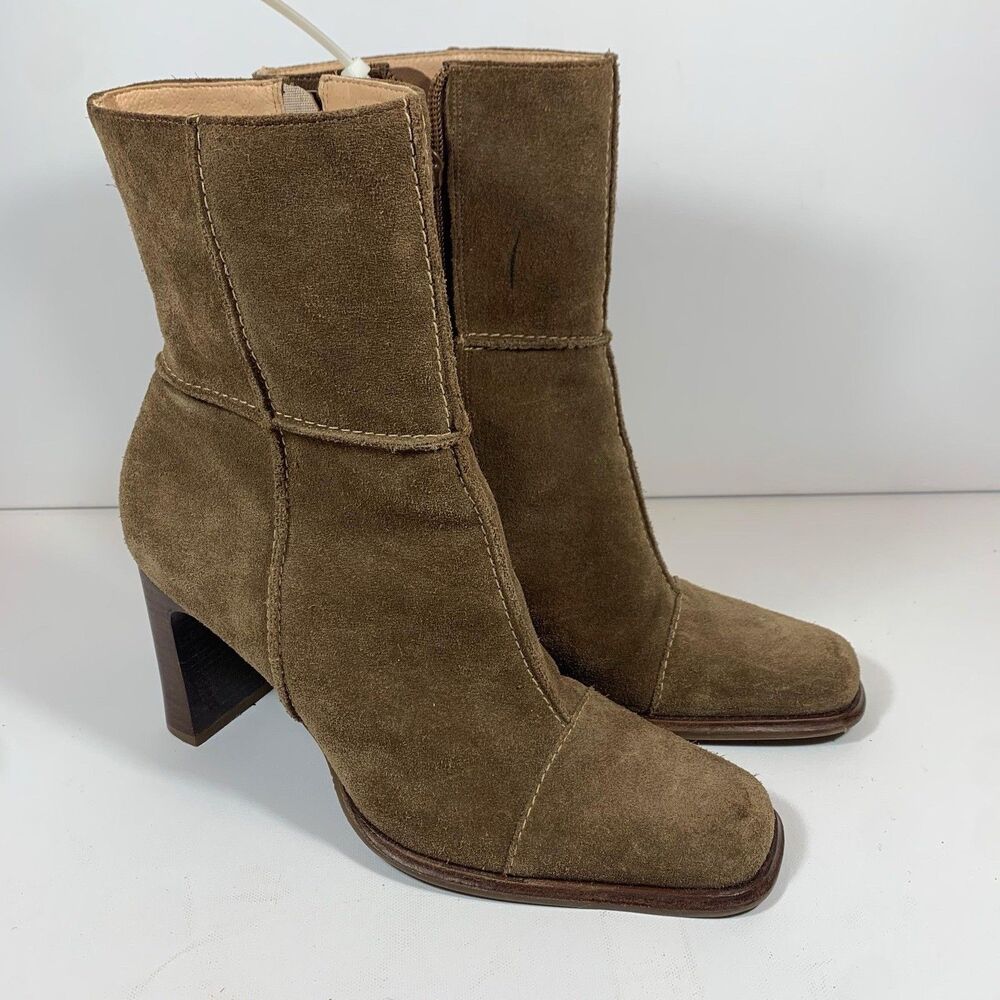 Maripé Italy Brown Suede Ankle Boots Women's Size 8.1/2 M Square Toe Block Heel